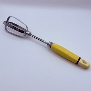 Vintage EKCO USA Hand Whisk Manual Rotary Egg Beater Yellow Wood Handle Retro